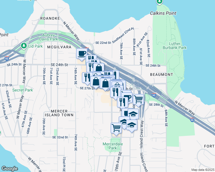 map of restaurants, bars, coffee shops, grocery stores, and more near 7705 Sunset Highway in Mercer Island