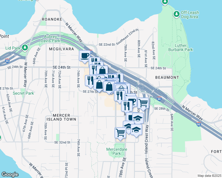 map of restaurants, bars, coffee shops, grocery stores, and more near 7650 Southeast 27th Street in Mercer Island