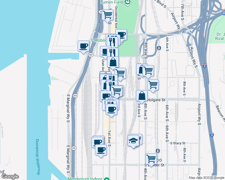map of restaurants, bars, coffee shops, grocery stores, and more near 1740 1st Avenue South in Seattle
