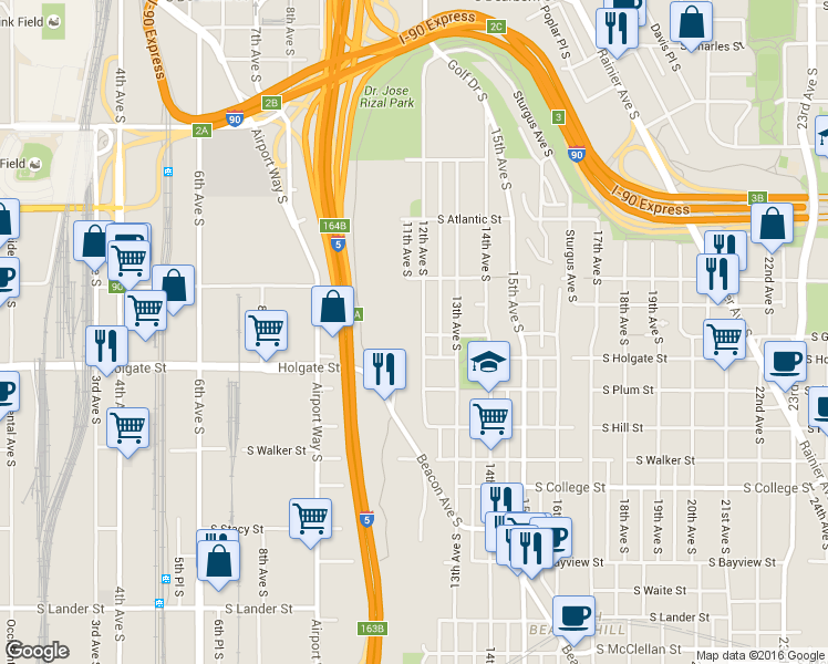 map of restaurants, bars, coffee shops, grocery stores, and more near 1745 12th Avenue South in Seattle