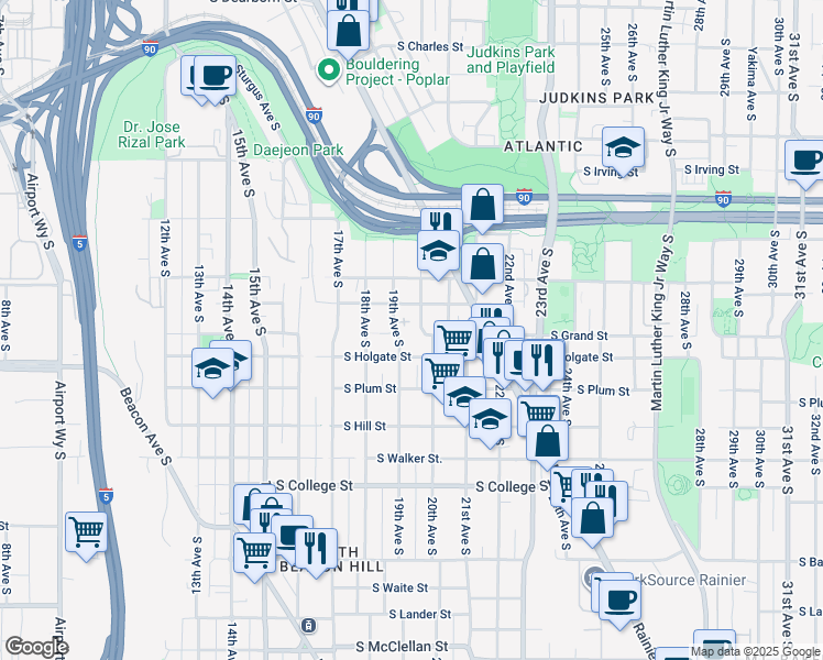 map of restaurants, bars, coffee shops, grocery stores, and more near 1914 South Grand Street in Seattle