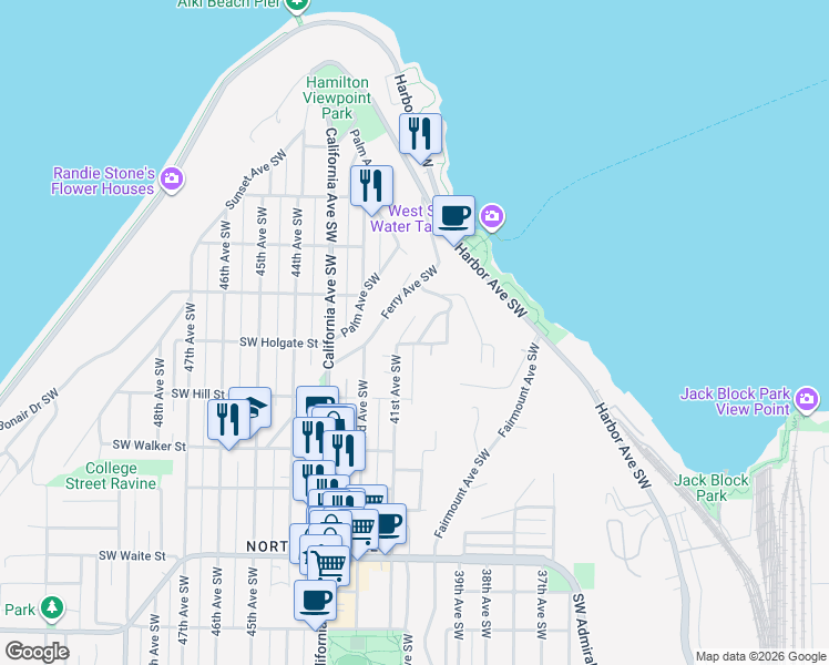 map of restaurants, bars, coffee shops, grocery stores, and more near 1717 41st Avenue Southwest in Seattle