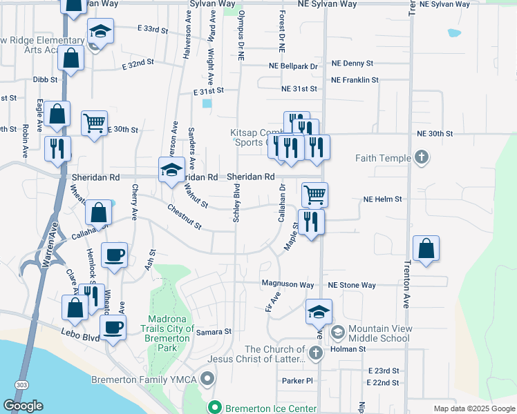 map of restaurants, bars, coffee shops, grocery stores, and more near 1120 Walnut Street in Bremerton