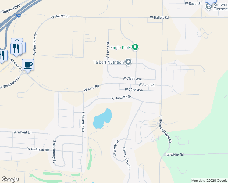 map of restaurants, bars, coffee shops, grocery stores, and more near 9616 West 72nd Avenue in Cheney
