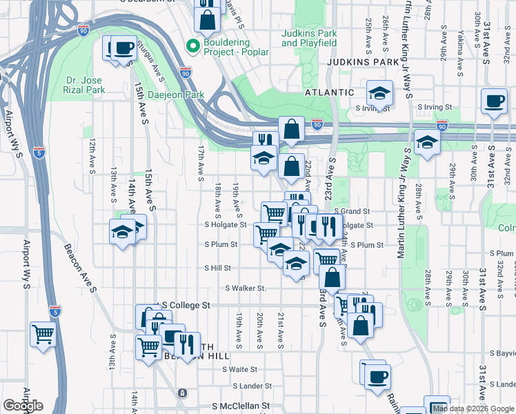 map of restaurants, bars, coffee shops, grocery stores, and more near 1756 Valentine Place South in Seattle