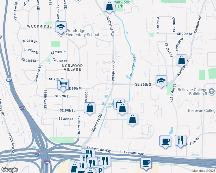map of restaurants, bars, coffee shops, grocery stores, and more near in Bellevue