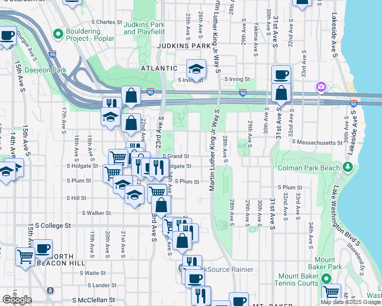 map of restaurants, bars, coffee shops, grocery stores, and more near 1725 26th Avenue South in Seattle