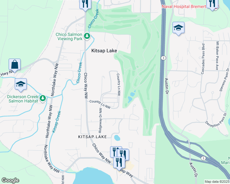 map of restaurants, bars, coffee shops, grocery stores, and more near 3953 Country Lane Northwest in Bremerton