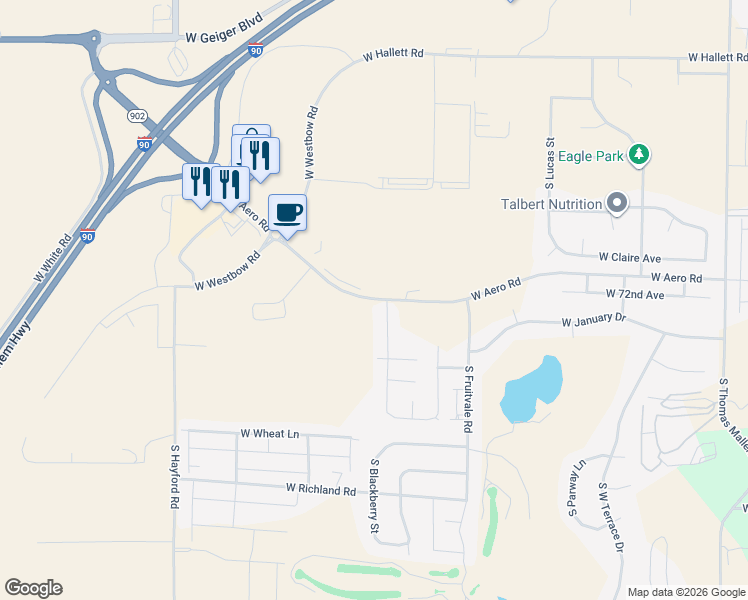 map of restaurants, bars, coffee shops, grocery stores, and more near 10110 West Aero Road in Cheney