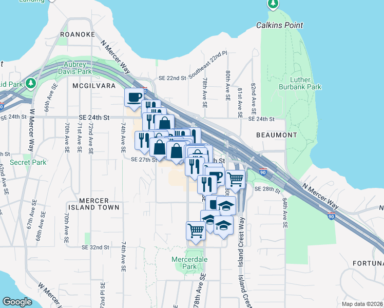 map of restaurants, bars, coffee shops, grocery stores, and more near 2630 77th Avenue Southeast in Mercer Island