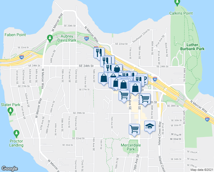 map of restaurants, bars, coffee shops, grocery stores, and more near 2601 76th Avenue Southeast in Mercer Island