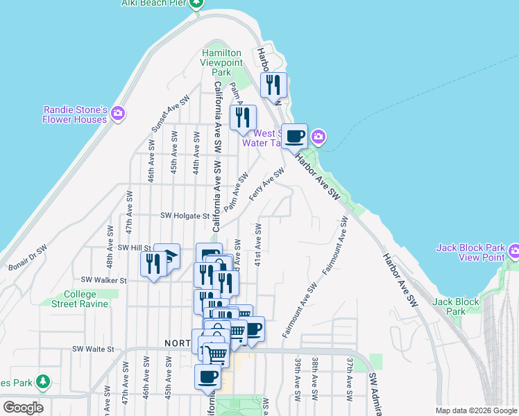 map of restaurants, bars, coffee shops, grocery stores, and more near 1727 41st Avenue Southwest in Seattle
