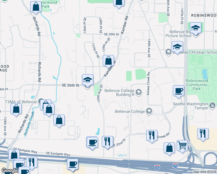 map of restaurants, bars, coffee shops, grocery stores, and more near 2628 139th Avenue Southeast in Bellevue