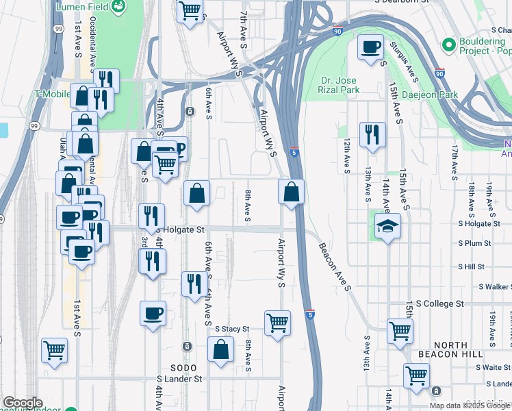 map of restaurants, bars, coffee shops, grocery stores, and more near 1700-1850 8th Ave S in Seattle