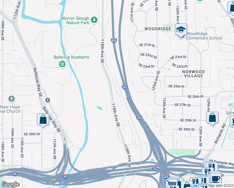 map of restaurants, bars, coffee shops, grocery stores, and more near 2680 118th Avenue Southeast in Bellevue
