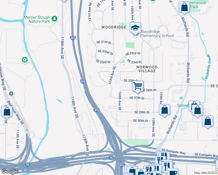 map of restaurants, bars, coffee shops, grocery stores, and more near 2539 122nd Avenue Southeast in Bellevue