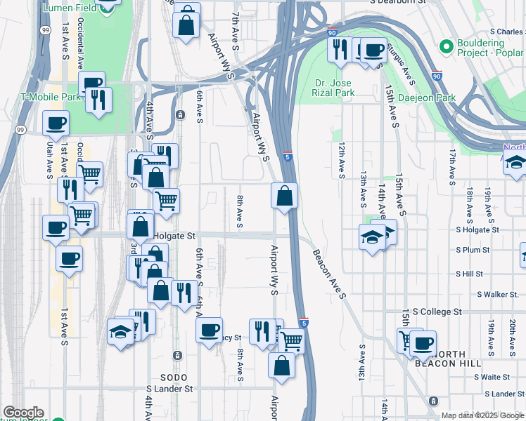 map of restaurants, bars, coffee shops, grocery stores, and more near 811 S Massachusetts St in Seattle