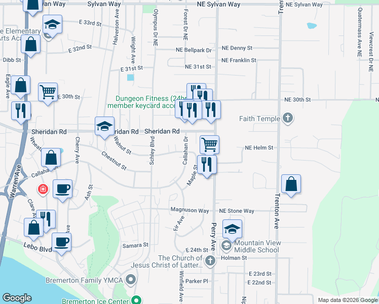 map of restaurants, bars, coffee shops, grocery stores, and more near 2806 Walnut Street in Bremerton