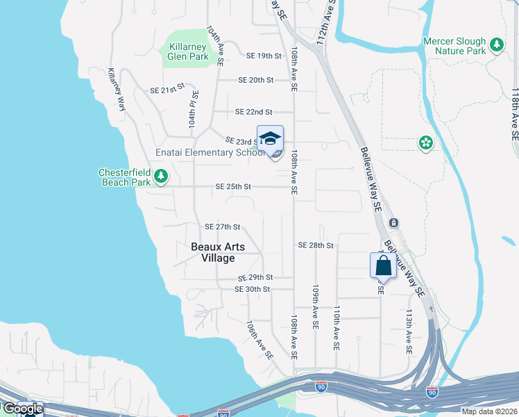 map of restaurants, bars, coffee shops, grocery stores, and more near 10656 Woodhaven Lane in Bellevue