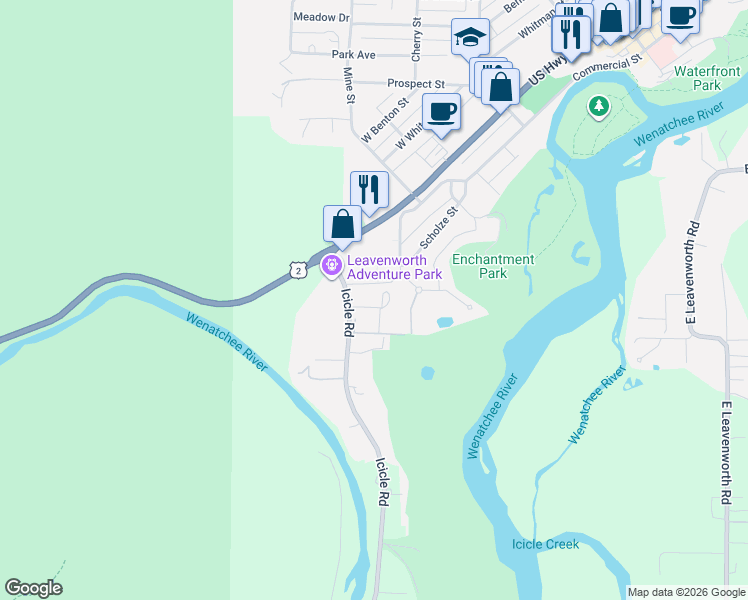 map of restaurants, bars, coffee shops, grocery stores, and more near 110 Icicle Road in Leavenworth