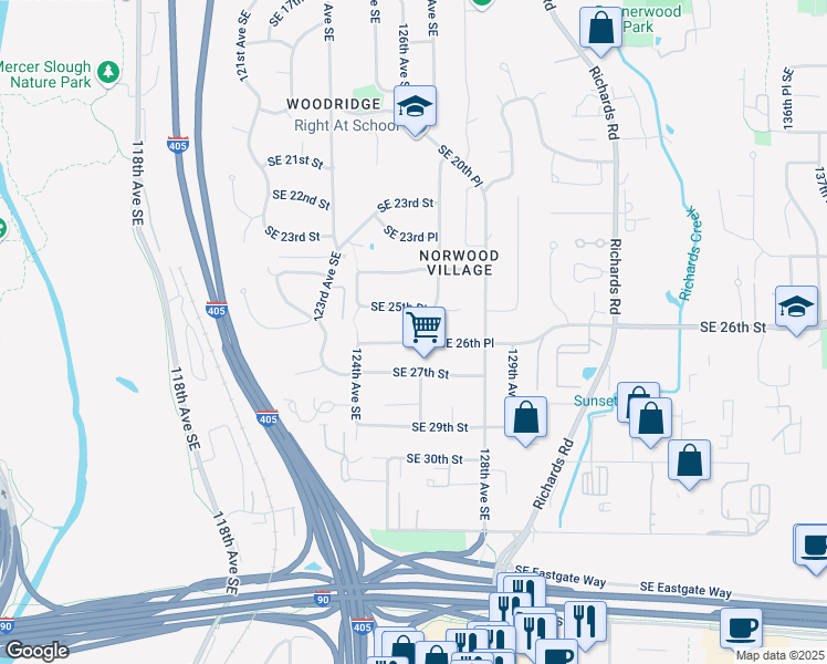map of restaurants, bars, coffee shops, grocery stores, and more near 12453 Southeast 25th Place in Bellevue