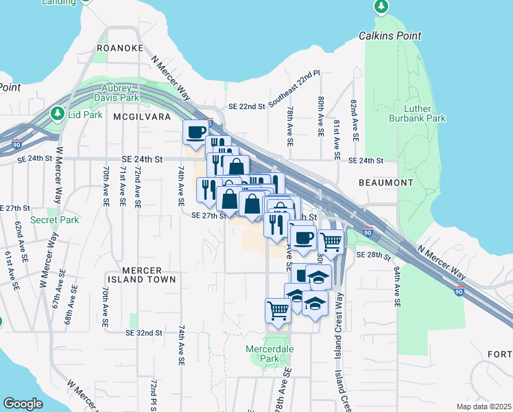 map of restaurants, bars, coffee shops, grocery stores, and more near 7705 Sunset Highway in Mercer Island