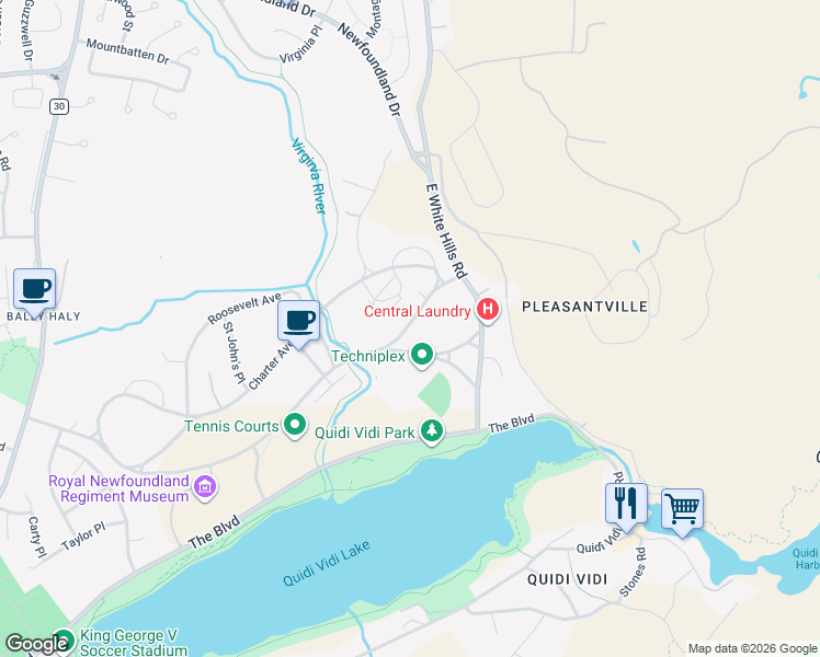 map of restaurants, bars, coffee shops, grocery stores, and more near 821 Veterans Road in Saint John's