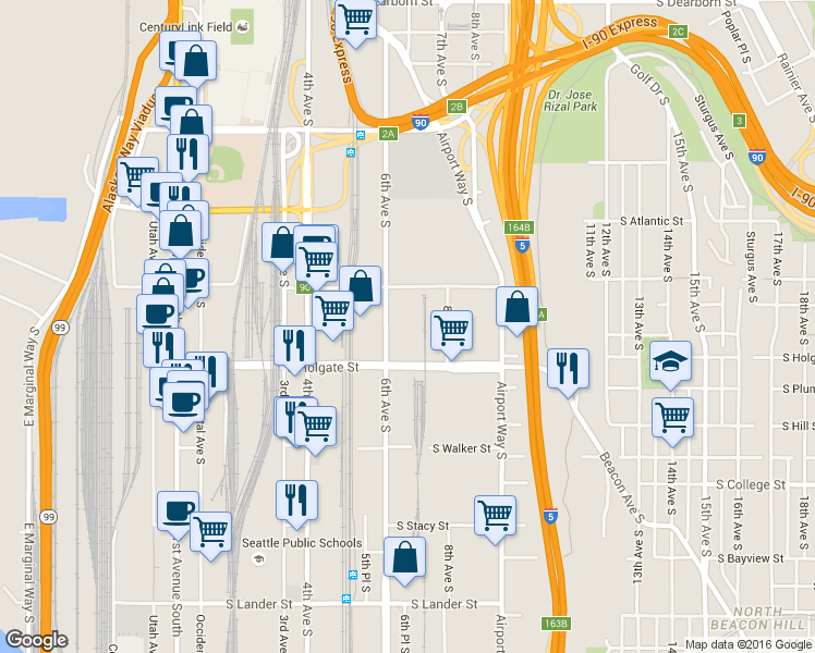 map of restaurants, bars, coffee shops, grocery stores, and more near 1762 6th Avenue South in Seattle