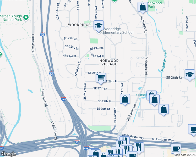 map of restaurants, bars, coffee shops, grocery stores, and more near 12453 Southeast 25th Place in Bellevue