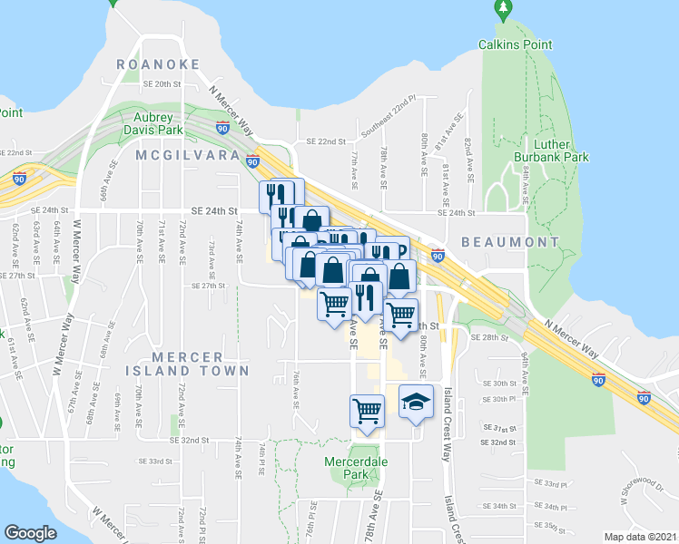 map of restaurants, bars, coffee shops, grocery stores, and more near 7705 Sunset Highway in Mercer Island