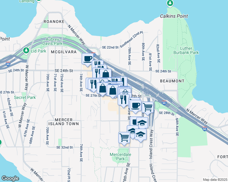 map of restaurants, bars, coffee shops, grocery stores, and more near 2558 76th Avenue Southeast in Mercer Island