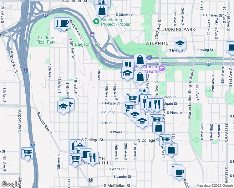 map of restaurants, bars, coffee shops, grocery stores, and more near 1757 19th Avenue South in Seattle