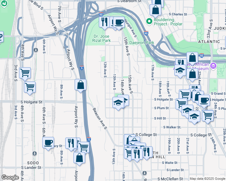 map of restaurants, bars, coffee shops, grocery stores, and more near 1734a 13th Avenue South in Seattle