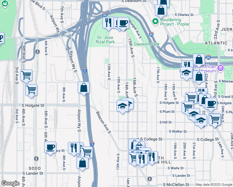 map of restaurants, bars, coffee shops, grocery stores, and more near 1734a 13th Avenue South in Seattle