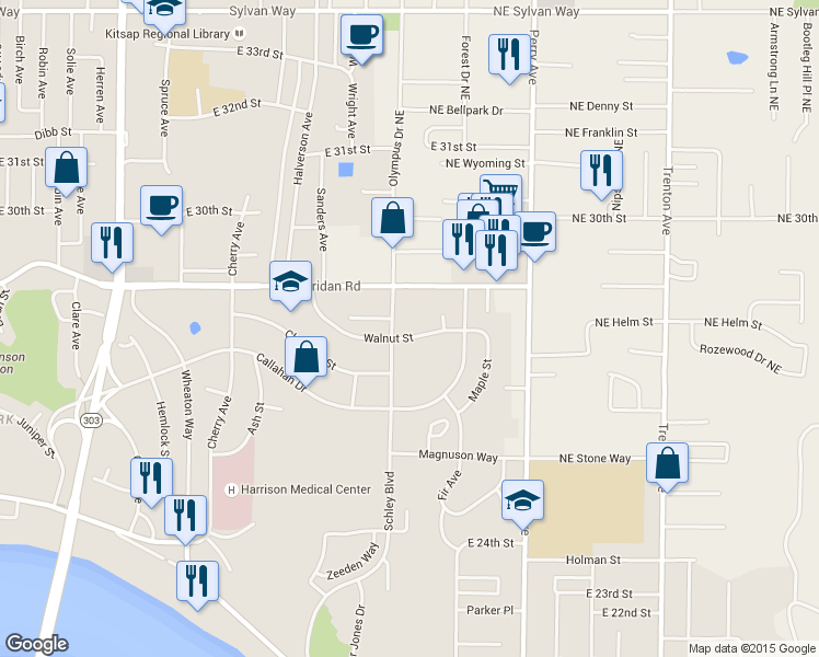 map of restaurants, bars, coffee shops, grocery stores, and more near 1120 Walnut Street in Bremerton
