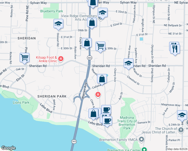 map of restaurants, bars, coffee shops, grocery stores, and more near 2741 Wheaton Way in Bremerton