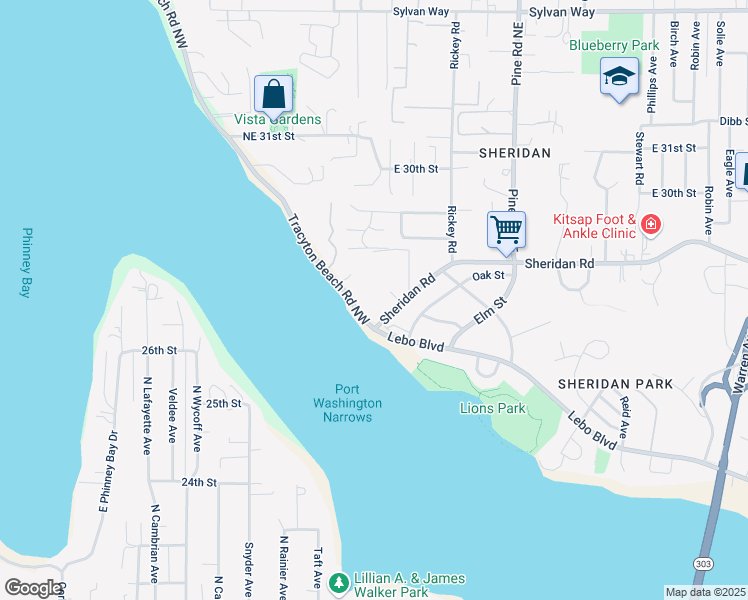 map of restaurants, bars, coffee shops, grocery stores, and more near 100 Sheridan Road in Bremerton