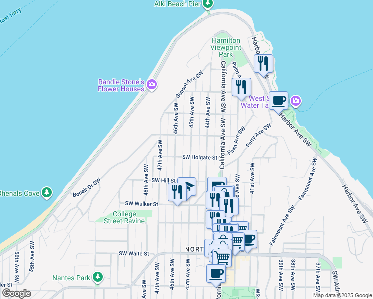 map of restaurants, bars, coffee shops, grocery stores, and more near 1727 45th Avenue Southwest in Seattle