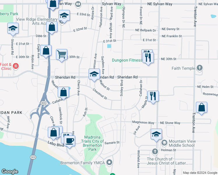 map of restaurants, bars, coffee shops, grocery stores, and more near 1042 Walnut Street in Bremerton