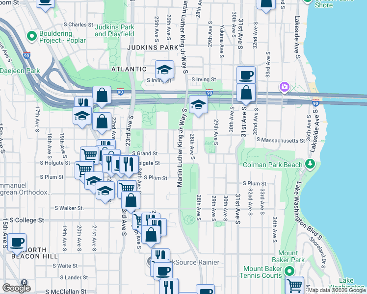 map of restaurants, bars, coffee shops, grocery stores, and more near 1720 Martin Luther King Junior Way South in Seattle