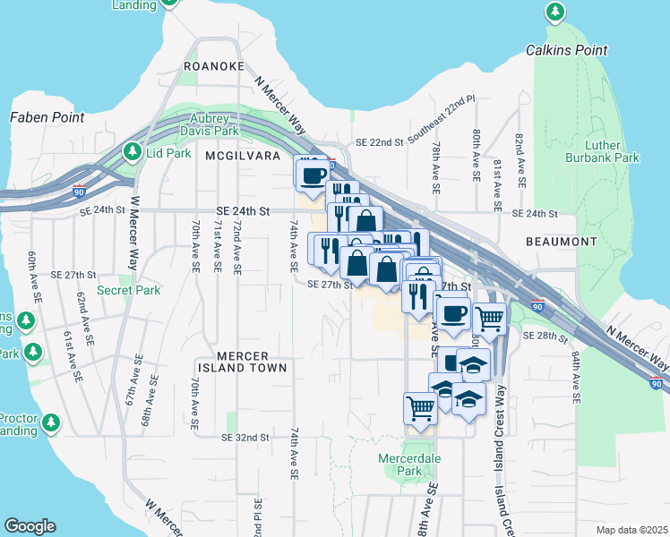 map of restaurants, bars, coffee shops, grocery stores, and more near 2601 76th Avenue Southeast in Mercer Island