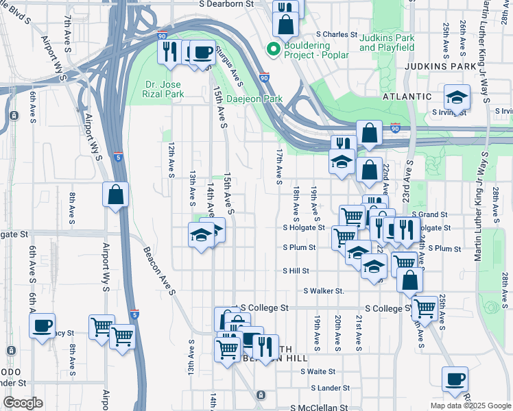 map of restaurants, bars, coffee shops, grocery stores, and more near 1750 Sturgus Avenue South in Seattle