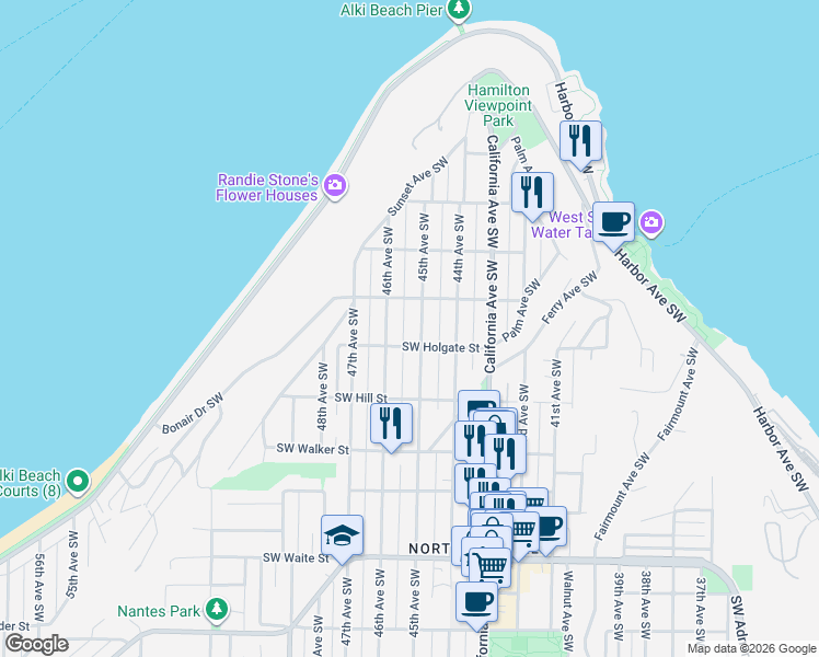 map of restaurants, bars, coffee shops, grocery stores, and more near 1717 45th Avenue Southwest in Seattle