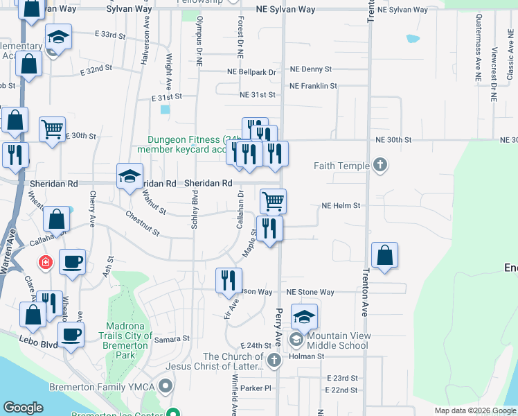 map of restaurants, bars, coffee shops, grocery stores, and more near 2768 Maple Street in Bremerton