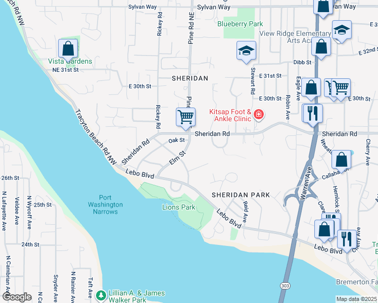 map of restaurants, bars, coffee shops, grocery stores, and more near 221 Elm Street in Bremerton