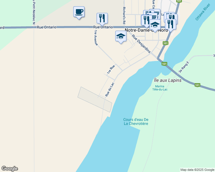 map of restaurants, bars, coffee shops, grocery stores, and more near 122 Rue du Lac in Notre-Dame-du-Nord