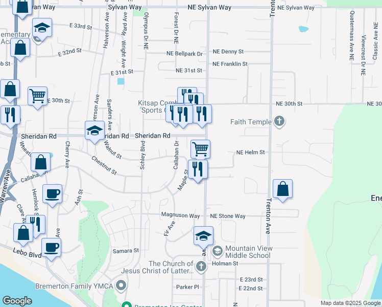 map of restaurants, bars, coffee shops, grocery stores, and more near 2768 Maple Street in Bremerton