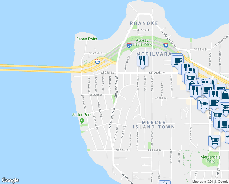 map of restaurants, bars, coffee shops, grocery stores, and more near 6420 Southeast 27th Street in Mercer Island