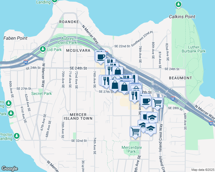 map of restaurants, bars, coffee shops, grocery stores, and more near 2601 76th Avenue Southeast in Mercer Island