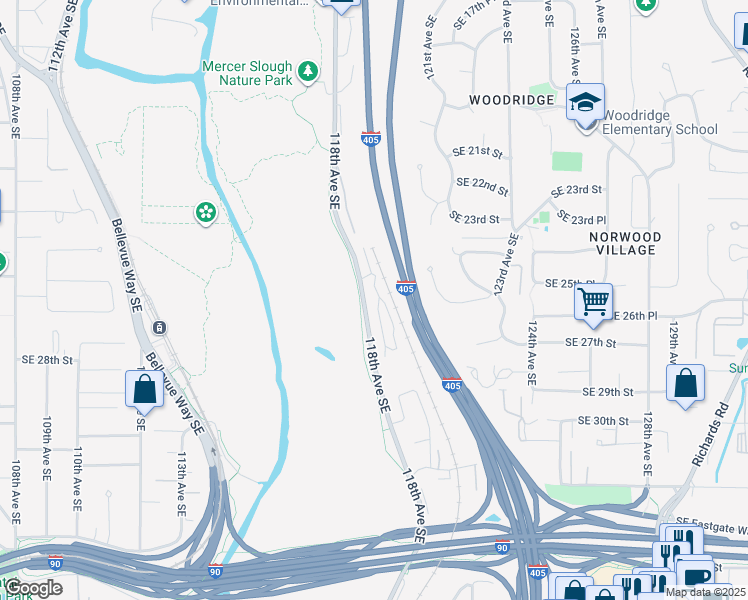 map of restaurants, bars, coffee shops, grocery stores, and more near 2580 118th Avenue Southeast in Bellevue
